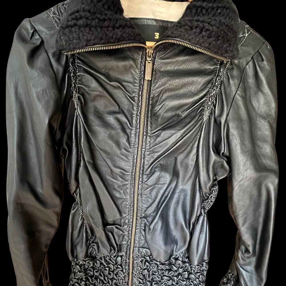 Charlotte Solnicki Stylish Ruched Black Leather Jacket